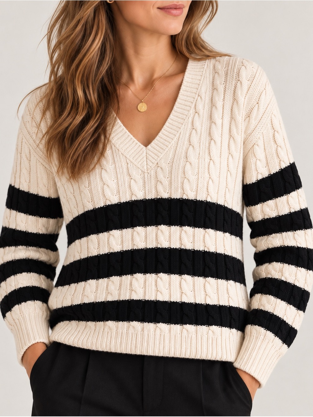 English Factory Cable Knit Striped V-Neck Sweater Black Cream Size Small